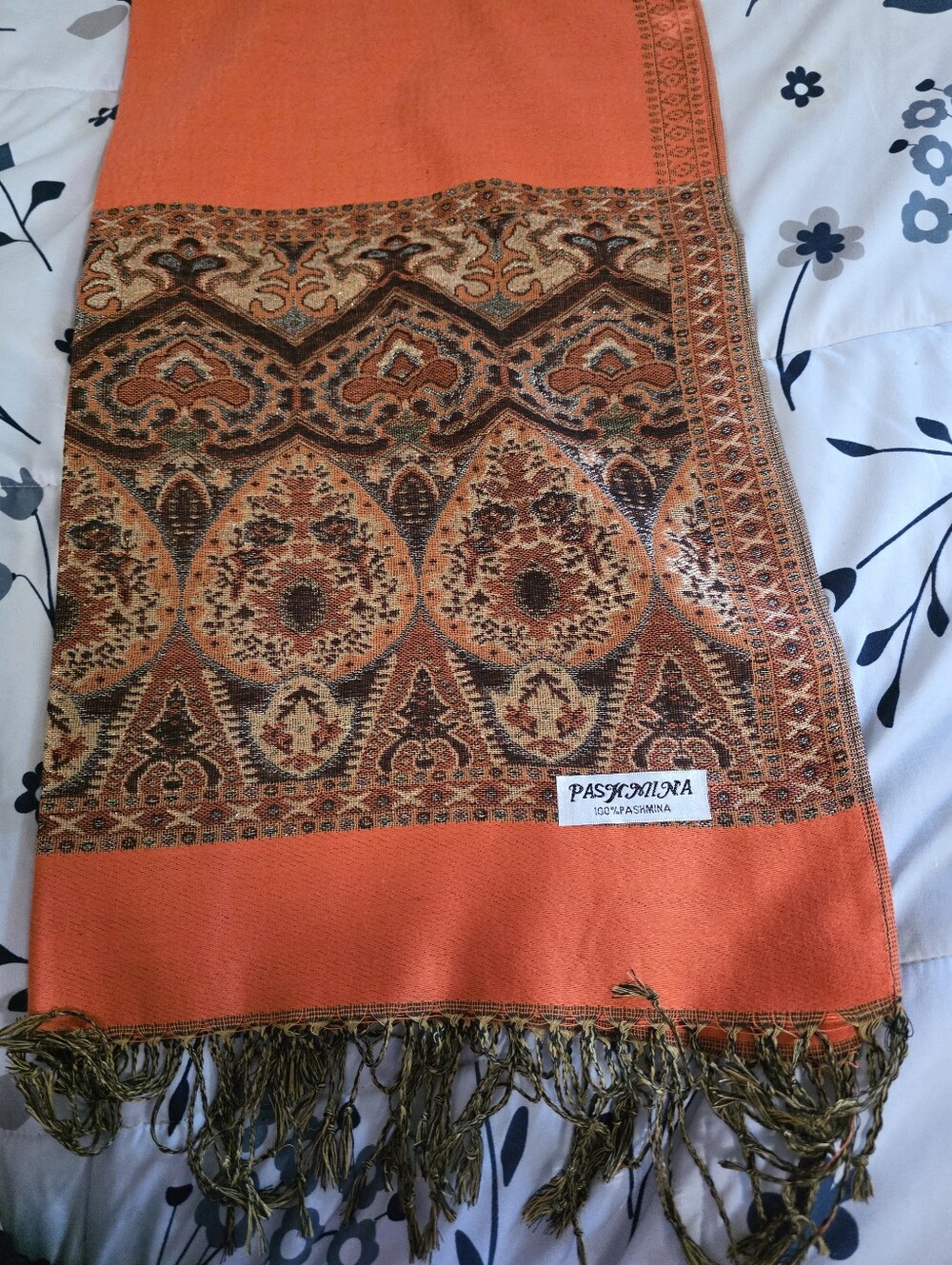 pashmina Orange Shawl with Paisley Fringe 27x72 Scarf